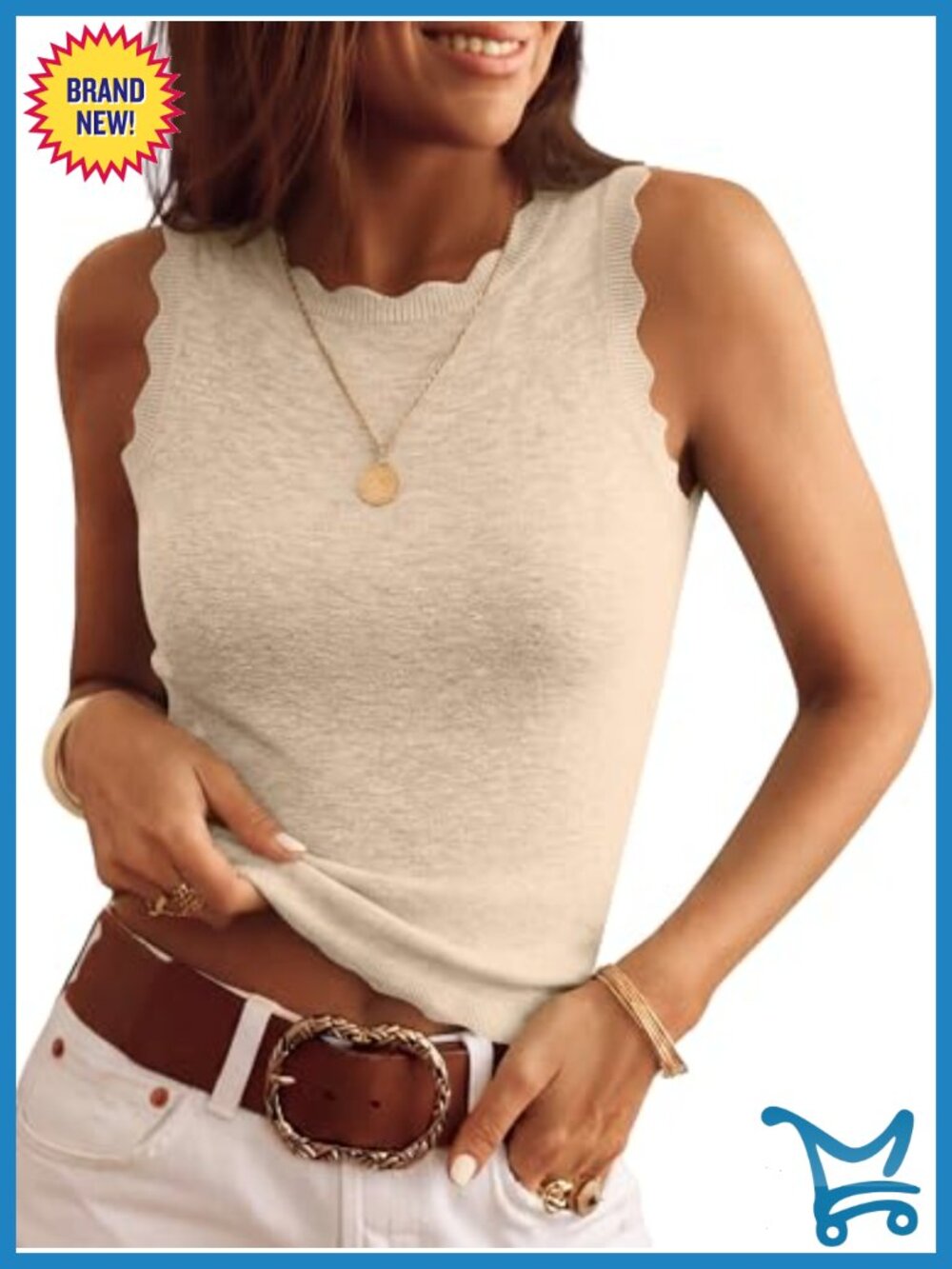 Scalloped Sweater Tank Top Wool Blend Sleeveless Round Neck Regular Fit